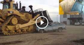 CAT D11T Crushes Pickup Truck 1 TN